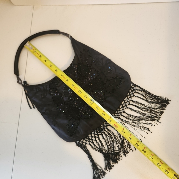 Y2K Vintage Black Beaded Fringe Sequin Evening Bag Mini Purse Party Flapper - Picture 7 of 11